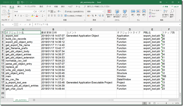 サマリ情報の出力例(Excel)